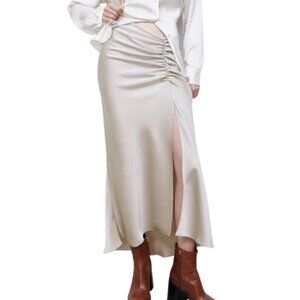 Zara Champagne Beige Ruched Satin-Effect Midi Skirt High Slit Bias Cut Sz Small